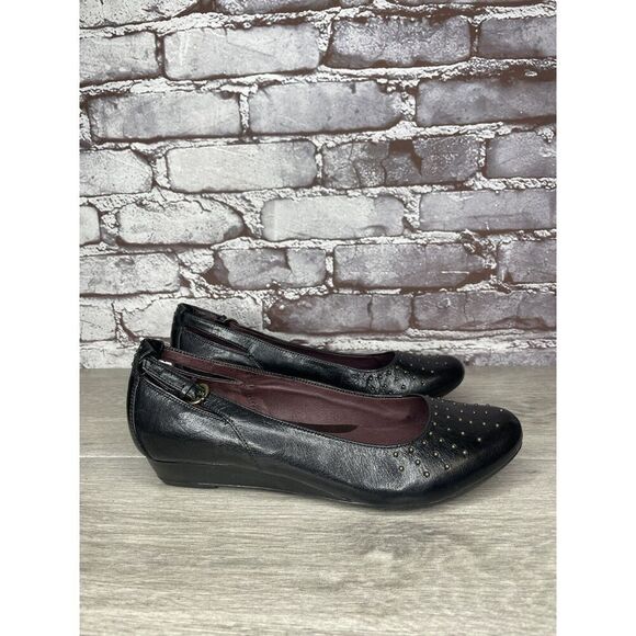 INDIGO BY CLARKS Black Lea Bishop Studded Slip On Strap Wedge Women’s 8M US/39EU - Picture 1 of 16